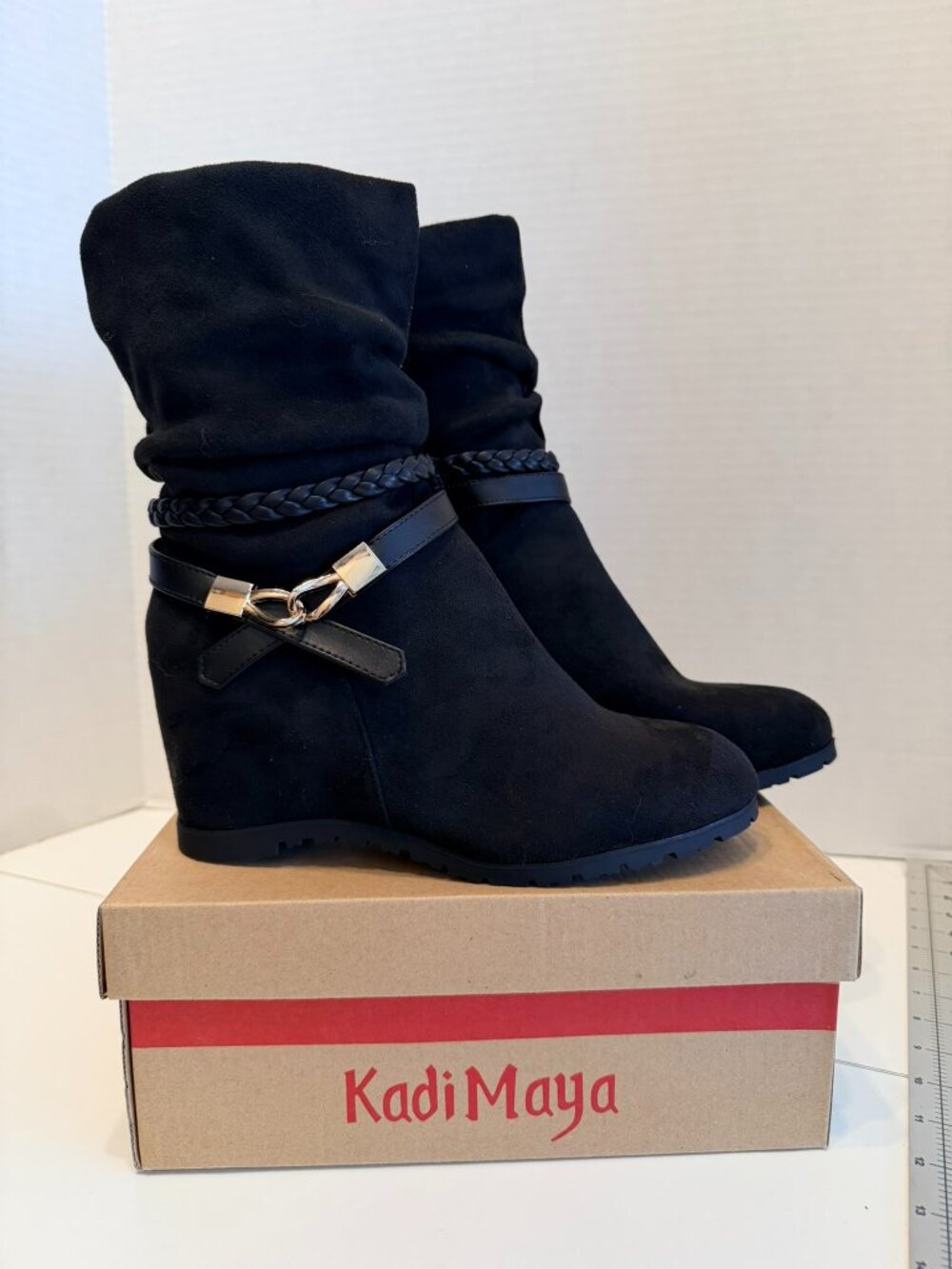 KADI MAYA Women’s Black Suede Gold Buckle Boots (Size 7.5) BRAND-NEW & BEAUTIFUL